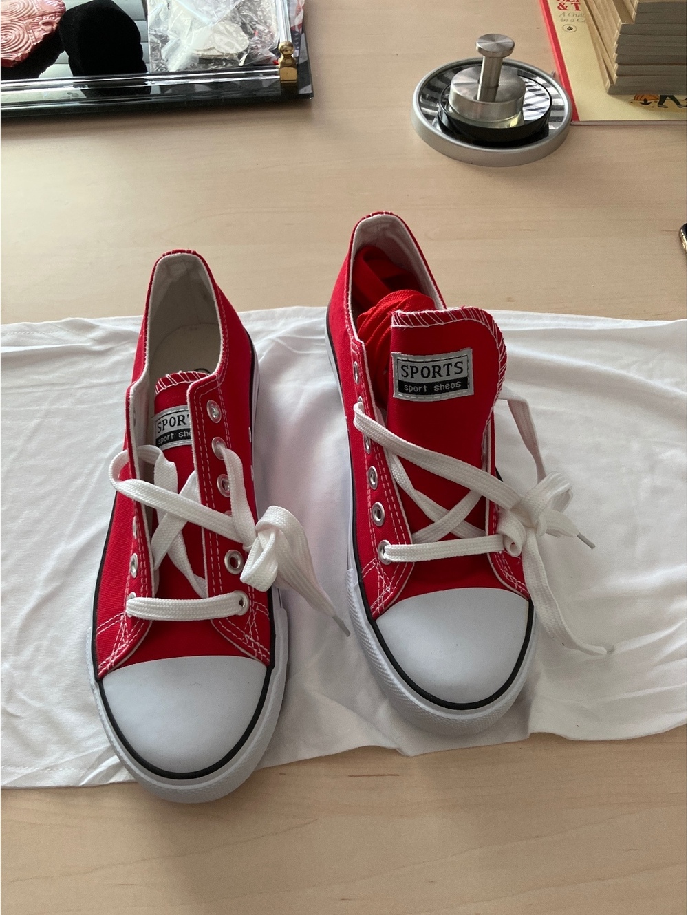 New MEN Red Canvas Low Top Sneakers with White Laces